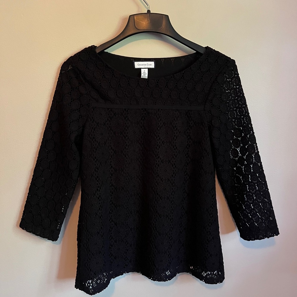 Charter Club Black Floral Lace 3/4 Sleeve Crochet Babydoll Top S Whimsigoth